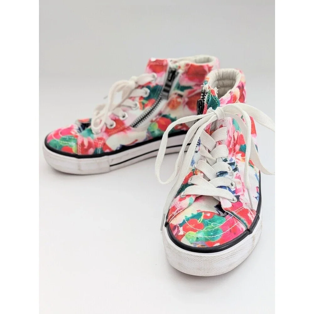 Girls' (Size 1) Floral Canvas High-Top Sneakers/Shoes w/Laces & Side Zippers